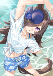  animal_ears arms_up bad_id bad_pixiv_id beach black_hair blush breasts collarbone commentary_request female gaze_on_me!_outfit_(umamusume) hair_ornament hair_over_one_eye hat horse_ears horse_girl horse_tail lens_flare long_hair looking_at_viewer midriff miri_(ago550421) navel ocean open_mouth rice_shower_(umamusume) shorts small_breasts solo stretching tail umamusume 