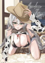  absurdres adjusting_clothes adjusting_headwear animal_print azur_lane bikini bikini_top_only black_bikini blush braid breasts copyright_name cow_print cowboy_hat denim denim_shorts fargo_(azur_lane) fargo_(dairy_in_the_dreary_sun)_(azur_lane) female food_on_body food_on_breasts green_eyes hair_between_eyes hat highres huge_breasts kissaten0202 long_hair low_twin_braids official_alternate_costume sagging_breasts shorts solo spill spilled_milk swimsuit twin_braids very_long_hair wavy_mouth white_hair 