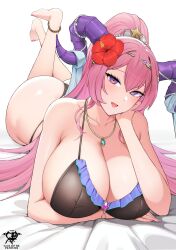  bikini black_bikini breasts cleavage curled_horns female fire_emblem fire_emblem_heroes goat_horns hair_ornament highres horns huge_breasts kaos_art large_horns long_hair lying multicolored_hair nerthuz_(fire_emblem) nerthuz_(summer)_(fire_emblem) official_alternate_costume on_stomach pink_hair ponytail purple_eyes purple_horns solo swimsuit the_pose two-tone_hair very_long_hair 