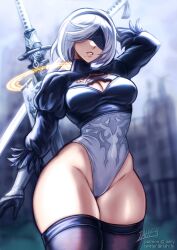  2b_(nier:automata) black_blindfold black_dress black_hairband black_thighhighs blindfold breasts clothing_cutout dated_commentary dress female gloves hairband highres iahfy juliet_sleeves leotard long_sleeves mole mole_under_mouth nier:automata nier_(series) puffy_sleeves short_hair solo thick_thighs thighhighs thighs weapon weapon_on_back white_hair 