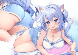  :d ahoge animal_ear_fluff animal_ears ass bare_legs bare_shoulders blue_bow blue_eyes blue_hair blue_jacket blue_ribbon blue_shorts blush bow bow_camisole breast_rest breasts camisole cat_ears cat_girl cat_tail cleavage collarbone commentary_request commission controller female flipped_hair flower flower_necklace food frilled_camisole frilled_pillow frills game_console hair_between_eyes hair_bun hair_ribbon heart heart-shaped_pillow holding holding_controller indoors jacket jewelry large_breasts legs_together long_hair long_sleeves looking_at_viewer lying necklace oerba_yun_fang off_shoulder on_bed open_clothes open_jacket open_mouth original pillow pocky ribbon short_shorts shorts side_ponytail single_side_bun skeb_commission skin_fang smile solo tail tail_raised takanashi_(takanashi_tkns) thigh_gap twisted_torso wavy_hair white_camisole 