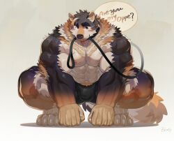  abs absurd_res anthro biceps bogexboog canid canine canis collar crouching domestic_dog english_text fur hi_res leash lifewonders live_a_hero male mammal multicolored_body multicolored_fur muscular muscular_anthro muscular_male pecs smile solo sterio text 