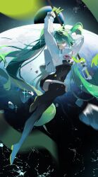  aqua_eyes arms_up black_bodysuit black_footwear bodysuit boots closed_mouth clothes_writing commentary covered_navel cropped_jacket earth_(planet) female full_body gloves goodsmile_racing green_eyes green_gloves hashtag-only_commentary hatsune_miku heqing highres jacket leg_up light_smile long_hair moon motion_blur planet racing_miku racing_miku_(2022) solo space sparkle thigh_boots twintails very_long_hair vocaloid white_jacket 