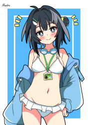  absurdres arknights artist_name bikini black_hair black_outline blue_background blue_eyes blue_jacket blush border breasts bright_pupils closed_mouth commentary cowboy_shot female frilled_bikini frills goggles goggles_around_neck groin hair_intakes hand_on_own_hip hendra highres jacket la_pluma_(arknights) la_pluma_(summer_flowers)_(arknights) lanyard long_sleeves looking_at_viewer medium_breasts navel notice_lines off_shoulder official_alternate_costume outline outside_border short_hair signature simple_background smile solo split_mouth standing swimsuit white_bikini white_border white_pupils 