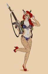  absurd_res american_flag_bikini anthro assault_rifle bikini cadence_ann cinnameana clothing felid feline female flag_bikini footwear gun hair hi_res high_heels holding_object holding_weapon lynx m16 mammal purple_eyes ranged_weapon red_hair rifle shoes solo swimwear two-piece_swimsuit weapon 