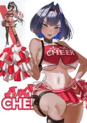  absurdres alternate_costume bandaid_on_stomach bare_shoulders bay_(nikke) bay_(nikke)_(cosplay) black_socks blue_eyes blue_hair blush breasts cheerleader commentary cosplay crop_top crop_top_overhang dark-skinned_female dark_skin english_commentary english_text female goddess_of_victory:_nikke hair_intakes hairband hand_on_own_hip highleg highleg_panties highres holding holding_pom_poms hololive hololive_english kneehighs large_breasts looking_at_viewer miniskirt mole mole_on_breast mole_on_stomach navel one-piece_tan open_mouth otapic ouro_kronii panties panty_straps pleated_skirt pom_pom_(cheerleading) red_skirt reference_inset short_hair side-tie_panties skirt sleeveless smile socks standing standing_on_one_leg string_panties tan tanlines teeth text_background thigh_strap tongue torn_clothes torn_socks underboob underwear virtual_youtuber 