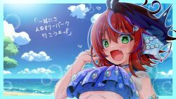  :d akane_canna alternate_costume antenna_hair beach bikini blue_bikini blue_border blue_sky blush border breasts cloud commentary_request day female fins frilled_bikini frills green_eyes hair_between_eyes head_fins heart horizon large_breasts looking_at_viewer medium_bangs miso_panda multicolored_hair nanashi_inc. ocean oerba_yun_fang open_mouth outside_border purple_hair red_hair short_hair sky smile solo streaked_hair sun swimsuit translation_request two-tone_hair upper_body virtual_youtuber 