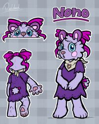  4:5 anthro bear blue_eyes bow_ribbon clothing deidad_dissitum dress_shirt female fur hi_res malino mammal neckband neckwear nono_(pretty_blood) pawpads pretty_blood purple_body purple_fur shirt solo standing teal_body topwear 