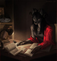  2024 2_horns anthro biped black_hair black_nose bone book bovid_horn breasts canid canine canis caprine_horn chair claws clothed clothing female furniture grey_body hair holding_writing_utensil horn inner_ear_fluff inside lamp long_hair mammal nikkimory on_chair ram_horn reading reading_book shirt sitting sitting_on_chair skull small_breasts solo table tank_top topwear tuft wolf 