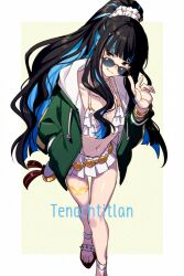  belly_chain black_hair blue_hair breasts character_name choker colored_inner_hair echo_(circa) eyeliner fate/grand_order fate_(series) female green_jacket grey_eyes high_ponytail jacket jewelry long_hair long_sleeves looking_at_viewer makeup multicolored_hair navel round_eyewear sidelocks small_breasts smile sunglasses tenochtitlan_(fate) tenochtitlan_(swimsuit_mooncancer)_(fate) tenochtitlan_(swimsuit_mooncancer)_(first_ascension)_(fate) thighs 