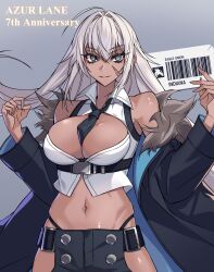  azur_lane bare_shoulders between_breasts black_coat black_necktie black_panties black_pants blue_eyes breasts character_name cleavage clothes_pull coat commentary_request cropped_shirt dark-skinned_female dark_skin female fur-trimmed_coat fur_trim grin hair_between_eyes highleg highleg_panties highres indiana_(azur_lane) jacket jacket_pull large_breasts light_brown_hair long_hair midriff navel necktie necktie_between_breasts open_clothes open_jacket open_shirt ouka_(sakura_oinari) panties pants partially_unbuttoned revealing_clothes scar scar_on_face shirt sleeveless sleeveless_shirt smile solo underwear very_long_hair w_arms 