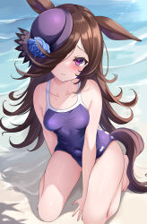  absurdres animal_ears bare_shoulders barefoot beach blue_one-piece_swimsuit blush breasts brown_hair closed_mouth commentary_request covered_navel day ears_down female hair_over_one_eye hat highres horse_ears horse_girl horse_tail long_hair looking_at_viewer maimuu ocean on_ground one-piece_swimsuit outdoors purple_eyes purple_hat rice_shower_(umamusume) sand school_swimsuit sitting small_breasts solo swimsuit tail thighs tilted_headwear tracen_swimsuit umamusume wariza water 