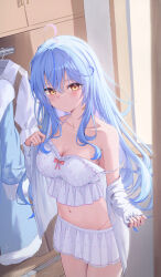  absurdres ahoge aki_uzuki3 bandaid bandaid_on_neck bare_shoulders blue_hair breasts camisole cleavage closet clothes_hanger collarbone commentary_request female hair_between_eyes heart heart_ahoge highres hololive jacket jacket_partially_removed large_breasts long_hair looking_at_viewer midriff navel off_shoulder skirt sleepwear solo virtual_youtuber yellow_eyes yukihana_lamy yukihana_lamy_(loungewear) 