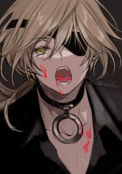  1boy black_background black_collar black_shirt blonde_hair blood blood_from_mouth blood_on_face collar collarbone collared_shirt colored_eyelashes eyepatch fai_d._flowright fangs hair_between_eyes highres kurabayashi long_hair looking_at_viewer low_ponytail male_focus o-ring_collar open_collar open_mouth shirt simple_background solo tsubasa_chronicle upper_body yellow_eyes 