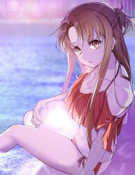  absurdres asuna_(sao) ball beachball bikini brown_eyes brown_hair commentary_request female half_up_braid highres long_hair looking_at_viewer open_mouth red_bikini short_ponytail side-tie_bikini_bottom sitting solo swimsuit sword_art_online water yoru_kiri 