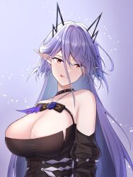  :q bare_shoulders black_sleeves breasts cesvelox chest_strap cleavage collar detached_sleeves elvira_(epic_seven) epic_seven female hair_ornament highres huge_breasts jewelry long_hair looking_at_viewer necklace pointy_ears purple_hair red_eyes spikes swept_bangs tongue tongue_out upper_body 