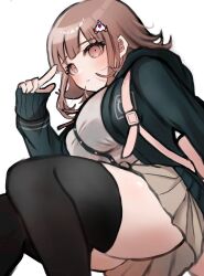  ass blush breasts brown_hair collared_shirt danganronpa_(series) danganronpa_2:_goodbye_despair dress_shirt female flipped_hair galaga hair_ornament hand_up hood ikemen&#039;na_ore-shi jacket large_breasts long_sleeves looking_at_viewer medium_hair miniskirt nanami_chiaki neck_ribbon open_clothes open_jacket pink_eyes pink_ribbon pleated_skirt ribbon shirt skirt sleeves_past_wrists solo teeth thighhighs two-tone_shirt white_shirt 