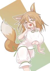  animal_ears breasts brown_eyes clothing_cutout comargian female fox_ears fox_girl fox_tail green_ribbons highres huge_breasts kudamaki_tsukasa light_brown_hair looking_at_viewer medium_hair oerba_yun_fang open_mouth ribbon short_sleeves simple_background skin_fang smile smug solo standing tail touhou underboob_cutout white_background white_romper 