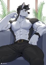  2024 abs anjing_kampuss anthro barazoku biceps big_muscles biped black_body black_fur canid canine canis countershade_fur countershading domestic_dog fur hi_res husky looking_aside male mammal muscular muscular_anthro muscular_male nordic_sled_dog pecs shirtless_anthro shirtless_male solo spitz white_body white_countershading white_fur yellow_eyes 