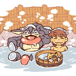  1boy :3 bathing bow-wow brown_hair bucket closed_eyes closed_mouth collarbone greninja long_tongue lowres male_focus musical_note ninja_boy_(pokemon) ninjask onsen open_mouth pokemon pokemon_(creature) pokemon_oras short_hair steam thick_eyebrows tongue topless_male towel towel_on_head very_long_tongue 