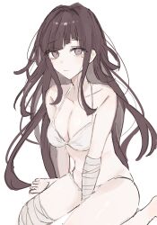  bandaged_arm bandaged_leg bandages bare_shoulders black_eyes black_ribbon blush breasts cleavage closed_mouth collarbone danganronpa_(series) danganronpa_s:_ultimate_summer_camp female grey_background highres large_breasts long_hair mole mole_under_eye official_alternate_costume ribbon simple_background sitting smile solo tsumiki_mikan wavy_mouth ym_43 