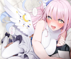  1boy blue_archive blush breasts buttons double-breasted dress feathered_wings fed_(giba) female flower hair_bun hair_flower hair_ornament hair_scrunchie halo large_breasts long_hair looking_at_viewer low_wings mika_(blue_archive) open_mouth pantyhose pink_hair scrunchie sidelocks single_side_bun smile speech_bubble thighs translation_request white_dress white_pantyhose wings wrist_scrunchie yellow_eyes 