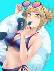  aqua_background bags_under_eyes beach bikini blonde_hair blue_bikini boku_no_hero_academia breasts candy cleavage collarbone eyewear_on_head female food halterneck highres kobaji licking lollipop midriff navel side-tie_bikini_bottom sky slit_pupils solo stomach string_bikini sunglasses swimsuit toga_himiko tongue tongue_out yellow_eyes 