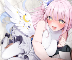  1boy blue_archive blush breasts buttons double-breasted dress feathered_wings fed_(giba) female flower hair_bun hair_flower hair_ornament hair_scrunchie halo large_breasts long_hair looking_at_viewer low_wings mika_(blue_archive) open_mouth pantyhose pink_hair scrunchie sidelocks single_side_bun smile textless_version thighs white_dress white_pantyhose wings wrist_scrunchie yellow_eyes 