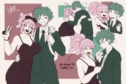  1boy absurdres alternate_costume artist_name backpack bag black_shirt blush boku_no_hero_academia breasts cleavage collared_shirt couple english_text erusensei female formal freckles gloves green_jacket green_necktie green_pants grin hand_up hatsume_mei highres hug husband_and_wife jacket jewelry kissing large_breasts midoriya_izuku necktie orange_eyes pants ring shirt smile straight teeth tying_necktie v white_background 