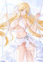  absurdres azur_lane bikini blonde_hair blue_eyes breasts brest_(azur_lane) brest_(marine_muse)_(azur_lane) choker commentary_request criss-cross_halter female flower halterneck highres large_breasts long_hair looking_at_viewer official_alternate_costume pointy_ears rem_mie see-through see-through_skirt skindentation skirt solo swimsuit thong_bikini very_long_hair white_choker white_flower white_skirt wrist_flower 