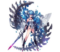  almace_(phantom_of_the_kill) black_gloves black_socks blue_flower blue_hair crossed_bangs da-kuro female flower gloves grey_footwear hair_between_eyes hair_ornament highres holding holding_polearm holding_sword holding_weapon looking_at_viewer official_alternate_costume official_art petals phantom_of_the_kill pink_eyes polearm short_hair simple_background socks solo spine standing straight-on sword transparent_background weapon 