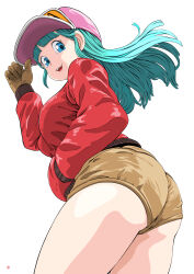  absurdres aqua_hair ass baseball_cap blue_eyes brown_shorts bulma_briefs dragon_ball dragon_ball_(classic) female gloves hat highres jacket looking_at_viewer nao_suke red_jacket short_shorts shorts simple_background smile solo white_background 