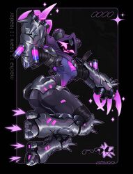  2024 4_claws abstract_background absurd_res action_pose anthro arm_wraps armor artist_name ass bear black_background boots broken_heart_print canister clawed_gauntlets claws clothing dark_armor dark_body dark_clothing dark_fur energy_claws energy_weapon epic_games eye_scar facial_scar female footwear fortnite full-length_portrait fur furgonomic_headwear furgonomics gauntlets gauntlets_(weapon) gesture gloves glowing glowing_eyes glowing_mouth glowing_nose greaves hand_gesture handwear hi_res hood ishiexe machine mammal melee_weapon metallic_body midair middle_finger mischievous_smile name_drop open_:3 pink_eyes pink_mouth pink_nose portrait pose purple_body purple_clothing purple_fur raven_team_leader robot robot_anthro rocket_boots sabatons scar shadow_face shoes shoulder_armor simple_background solo sparkles spiked_knee_pads spiked_knuckles vambrace weapon wraps 