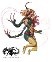  animal_ears armpits arthropod_girl arthropod_limbs asymmetrical_clothes belt belt_buckle biting blonde_hair bodysuit boots buckle clenched_teeth commentary compound_eyes cyborg eidenjyou1997 english_commentary extra_arms female genderswap_(mtf) highres kaijin kamen_rider kamen_rider_(1st_series) kumo_lion lion_ears lion_girl logo long_finger mechanical_arms monster_girl mouth_hold multicolored_hair orange_hair parted_lips red_belt rule_63 silk simple_background solo spider_girl spider_web teeth thigh_boots white_background yellow_eyes yellow_footwear 