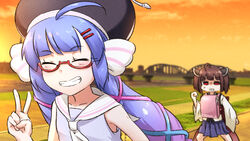  2girls ahoge backpack bag black_headwear blue_dress blue_hair blue_ribbon blue_skirt blurry blurry_background blush bridge brown_hair commentary_request depth_of_field dress eel_hat facing_viewer glasses gradient_hair hair_ornament hair_ribbon hairclip hand_up headgear highres japanese_clothes kimono long_hair low_twintails multicolored_hair multiple_girls neon-tetora otomachi_una otomachi_una_(talkex) outdoors pink_ribbon pleated_skirt purple_hair randoseru red-framed_eyewear red_eyes ribbon river sailor_collar sailor_dress semi-rimless_eyewear skirt sleeveless sleeveless_dress sunset talkex touhoku_kiritan twintails under-rim_eyewear v v-shaped_eyebrows very_long_hair voiceroid white_kimono white_sailor_collar 