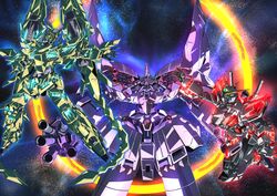  absurdres bazooka_(gundam) clenched_hand dual_wielding flying glowing glowing_eyes green_eyes gun gundam gundam_narrative highres holding holding_gun holding_weapon ii_neo_zeong looking_down looking_up mecha narrative_gundam narrative_gundam_c-packs nt-d open_hands red_eyes robot science_fiction sinanju_stein space tyuuboutyauyo unicorn_gundam_phenex v-fin weapon yellow_eyes zeon 