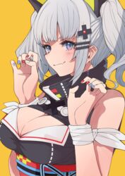  blue_eyes blue_nails breasts claw_pose cleavage cleavage_cutout clothing_cutout commentary_request female goten_(510gensoku) grey_hair hair_ornament hairclip hands_up kaguya_luna looking_at_viewer medium_hair multicolored_nails nail_polish oerba_yun_fang red_nails sidelocks sideways_glance simple_background solo the_moon_studio upper_body virtual_youtuber white_nails x_hair_ornament yellow_background 