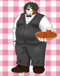  2020 4:5 anthro belly black_nose bottomwear canid canine canis clothing domestic_dog hi_res humanoid_hands kemono male mammal overweight overweight_anthro overweight_male pants shirt solo topwear yaki_atsuage 