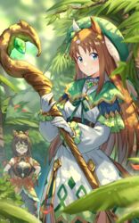  2girls :d absurdres animal_ears artist_name blue_eyes breasts brown_hair closed_mouth el_condor_pasa_(kukulkan_monk)_(umamusume) el_condor_pasa_(umamusume) forest gloves grass_wonder_(saint_jade_healer)_(umamusume) grass_wonder_(umamusume) green_headwear hands_on_own_hips hat highres holding holding_staff horse_ears horse_girl horse_tail jeze large_breasts long_hair long_sleeves looking_at_viewer mage_staff mask multiple_girls nature official_alternate_costume open_mouth outdoors smile staff tail umamusume white_gloves 