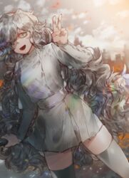  baseball_bat buttons charlotte_wiltshire_(q84) city curly_hair dress female feruca hair_over_one_eye hello_charlotte highres long_bangs long_hair looking_to_the_side open_mouth sky solo v very_long_hair white_dress white_eyes white_hair zettai_ryouiki 