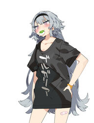  bandaid bandaid_on_leg black_hairband black_shirt blush brown_eyes cevio clothes_writing collarbone commentary female food_in_mouth grey_hair hairband highres karei koharu_rikka long_hair mouth_hold shirt short_sleeves simple_background solo standing sweat synthesizer_v very_long_hair white_background zunda_mochi 