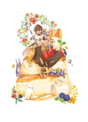  1boy ahoge anemone_(flower) animal_ears blueberry brown_hair cake dark-skinned_male dark_skin earrings egyptian_clothes fate/grand_order fate_(series) female flower food fruit gloves hairband highres jackal_ears jewelry korean_commentary long_hair medjed_(fate) nitocris_(fate) open_mouth orange_(fruit) ozymandias_(fate) pancake pet purple_hair red_flower scared seomouse short_hair sitting sitting_on_food smile solo_focus souffle_pancake sphinx sphinx_awlad strawberry syrup turn_pale yellow_eyes 