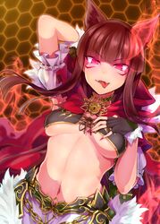  amo_takumi animal_ears arm_behind_head arms_up blunt_bangs breasts breasts_apart brown_hair capelet facial_mark fangs female fingerless_gloves fingernails frills fur_trim gloves glowing glowing_eyes hand_on_own_chest hexagon highres hime_cut honeycomb_(pattern) honeycomb_background hood kureha_(666)_(sound_voltex) kureha_(sound_voltex) long_fingernails long_hair looking_at_viewer medium_breasts midriff navel oerba_yun_fang pink_eyes ribbon_trim sidelocks slit_pupils solo sound_voltex stomach tongue tongue_out underboob v-shaped_eyebrows wolf_ears 