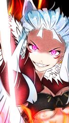  animal_ears armor breasts capelet cry_kuon_star20 evil_grin evil_smile female fire fur_capelet glowing glowing_eyes grin highres kureha_(666)_(sound_voltex) kureha_(sound_voltex) light looking_at_viewer pink_eyes small_breasts smile solo sound_voltex teeth underboob upper_body v-shaped_eyebrows white_hair wolf_ears 