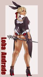  animal_ears animification apex_legends ass black_jacket black_panties black_pantyhose blonde_hair braid brown_eyes character_name christian_louboutin_(brand) dark-skinned_female dark_skin female fishnet_pantyhose fishnets from_behind full_body grey_background hair_behind_ear high_heels jacket loba_(apex_legends) long_hair looking_at_viewer looking_back meteolance panties pantyhose rabbit_ears solo thick_lips underwear 