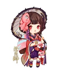  absurdres back_bow bell bow bright_pupils brown_hair chibi commentary_request copyright_name female fish_hair_ornament footwear_bow full_body hair_ornament highres holding holding_umbrella japanese_clothes jingle_bell kagura_(onmyoji) kimono light_blush long_sleeves looking_at_viewer obi oil-paper_umbrella okobo onmyoji parted_lips pigeon-toed puffy_pants red_bow red_kimono rosette_(yankaixuan) sandals sash shoes short_hair simple_background solo standing umbrella white_background white_umbrella wide_sleeves 