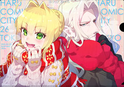  1boy :d ahoge aran_sweater black_gloves black_jacket blonde_hair blue_eyes braid breath cable_knit commentary_request earrings facial_hair fate/apocrypha fate/extra fate_(series) female fingerless_gloves forehead gloves green_eyes hair_between_eyes hair_bun hair_intakes hands_up highres jacket jewelry koshiro_itsuki light_brown_hair long_sleeves moustache nail_polish nero_claudius_(fate) nero_claudius_(fate/extra) open_mouth parted_bangs photoshop_(medium) red_nails red_scarf ribbed_sweater round_teeth scarf sidelocks single_hair_bun smile sparkle sweater teeth upper_body upper_teeth_only vlad_iii_(fate/apocrypha) white_gloves white_sweater 