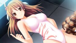  ahoge ball basketball_(object) breasts brown_eyes brown_hair cleavage closed_mouth collarbone covered_navel dutch_angle female floating_hair game_cg hair_between_eyes hair_ornament hand_on_own_hip hatozuki_tsumiki impossible_clothes impossible_swimsuit index_finger_raised indoors kitagawa_akari large_breasts leotard long_hair looking_at_viewer pink_leotard print_leotard sideboob smile solo soukoku_no_arterial standing swimsuit 