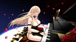  alt3r alternate_costume azur_lane bare_shoulders bismarck_(azur_lane) blonde_hair breasts cleavage closed_eyes commentary english_commentary female highres instrument large_breasts long_hair petals piano rose_petals 