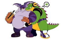  anthro belly beverage big_the_cat blush bubble_tea clothing crocodile crocodilian crocodylid domestic_cat duo electronics felid feline felis footwear fur groping_from_behind headphones heart_symbol hi_res male male/male mammal overweight overweight_male purple_body purple_fur reptile sandals scalie sega sonic_the_hedgehog_(series) splashburr straw_(disambiguation) vector_the_crocodile yellow_eyes 